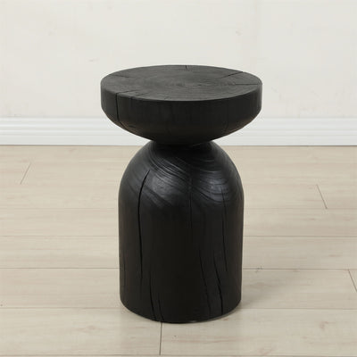 Solid Pine Wood Wide Round Contemporary Wooden Accent Table Burnt Vintage Cracked End Table - Black