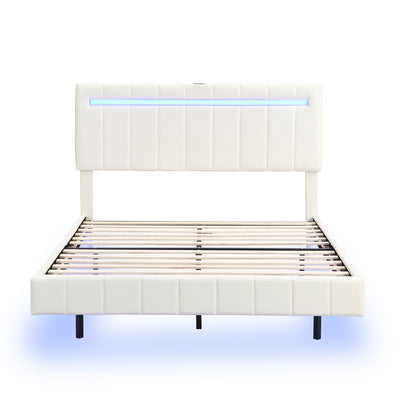 Queen Size Floating Bed Frame With LED Lights And USB Charging, Modern Upholstered Platform LED Bed Frame - White