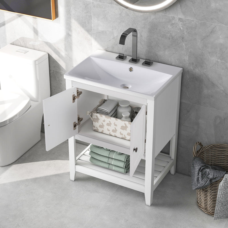 Modern Sleek Bathroom Vanity Elegant Ceramic Sink With Solid Wood Frame Open Style Shelf - White