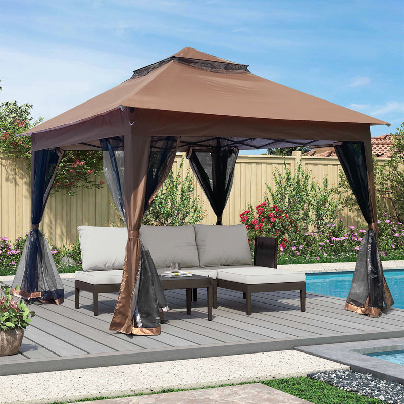 Outdoor 11X 11Ft Pop Up Gazebo Canopy With Removable Zipper Netting, 2 Tier Soft Top Event Tent, Suitable For Patio Backyard Garden Camping Area With 4 Sandbags - Brown