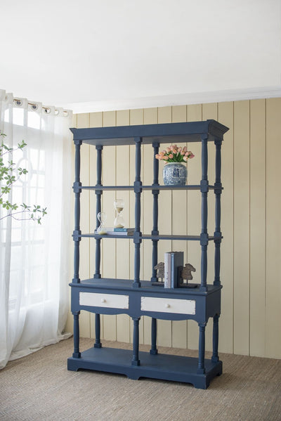 Four Tiered Wooden Shelf With Two Drawers, Farmhouse Wood Bookcase Display Storage Shelf Etageres - Antique Navy Blue