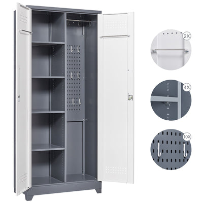 Metal Storage Cabinets, Cleaning Tool Cabinet With Locking Door, Tall Broom Tool Organizer And Storage, Large Storage Cabinet For Kitchen