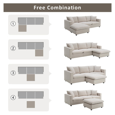 Modern Sectional Sofa, L-Shaped Couch Set With 2 Free Pillows, 4-Seat Polyester Fabric Couch Set With Convertible Ottoman For Living Room, Apartment, Office