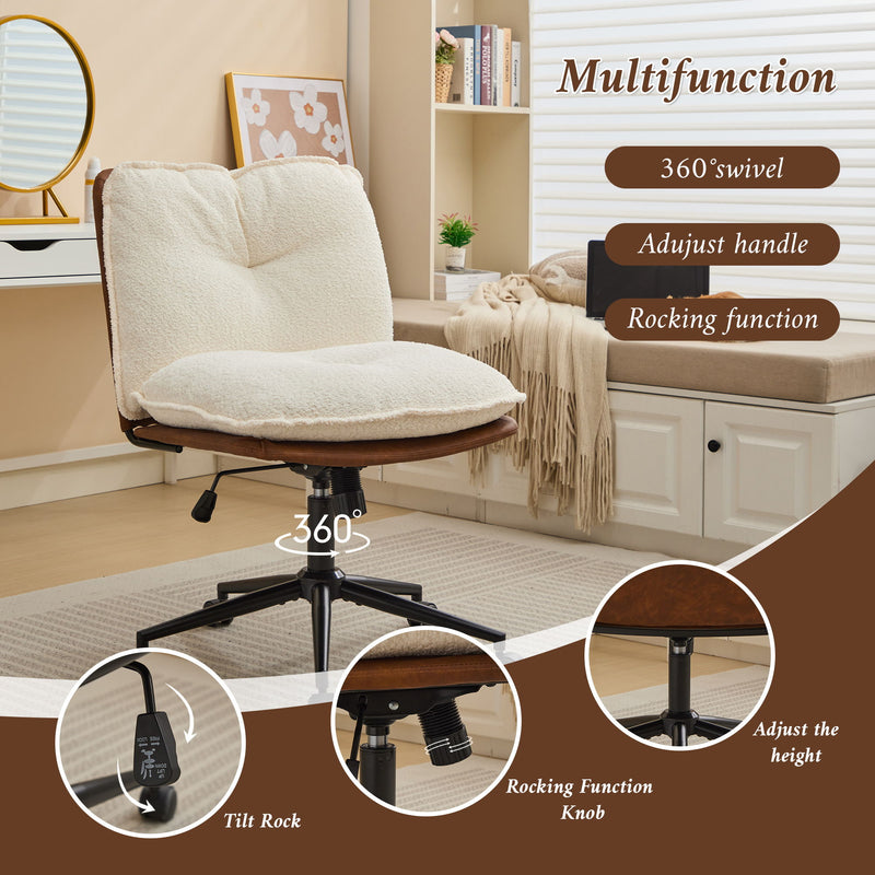 Oversize Seat Cirss Cross Chair With Wheels, Elegant Design Computer Chair, Adjustable Height 360 Degree Rolling Swivel Home Office Chair For Small Space, Dressing Room, Living Room - Dark Brown / White