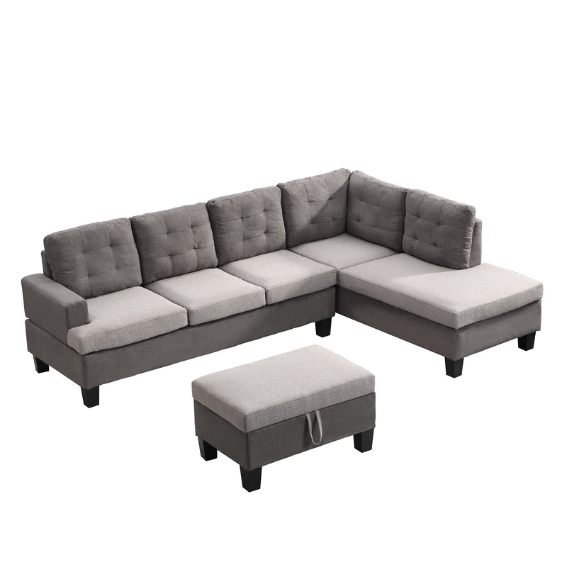 Sofa Set With Chaise Lounge And Storage Ottoman - Gray