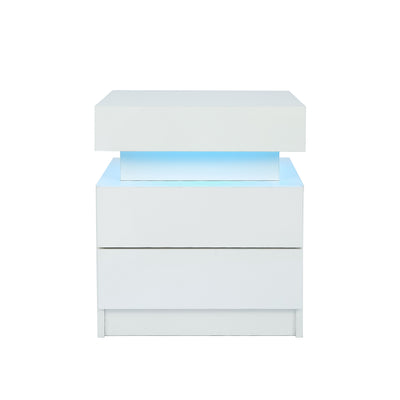 Nightstand With LED Lights Wood LED Bedside Table Nightstand With 2 High Gloss Drawers For Bedroom