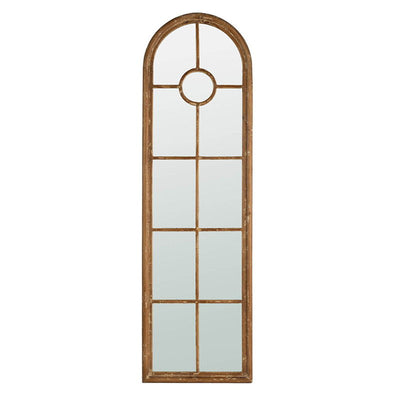 Half Round Elongated Mirror With Decorative Window Look Classic Architecture Style Solid Fir Wood Interior Decor - Brown