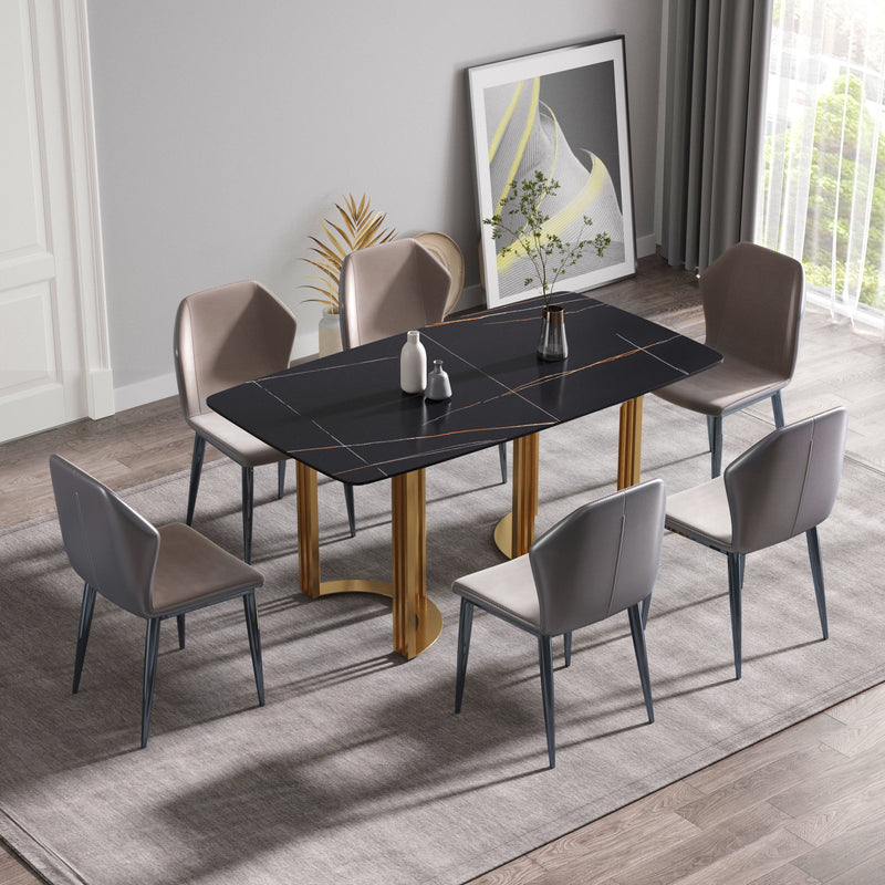 63" Modern Artificial Stone Curved Golden Metal Leg Dining Table, 6 People - Black / Gold