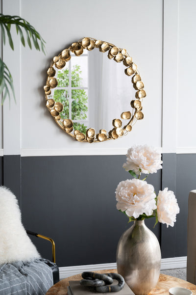 Round Metal Wall Mirror With Leaf Accents, Modern Decor Mirror For Living Room Entryway Hallway - Gold