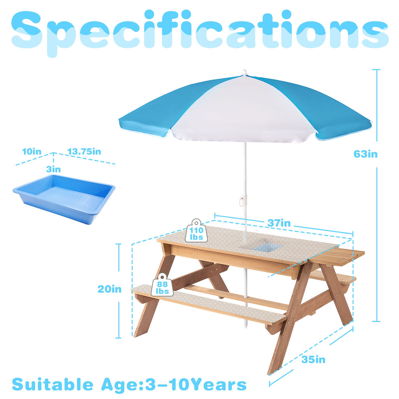 3-In-1 Kids Outdoor Wooden Picnic Table With Umbrella, Convertible Sand & Water, ASTM & CPSIA Certification