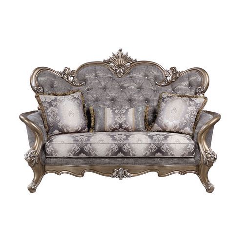 Elozzol - Loveseat With 3 Pillows - Fabric & Antique Bronze Finish - Grand Furniture GA