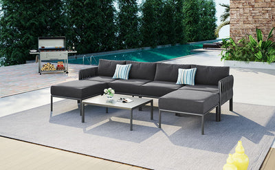 6 Pieces Aluminum Patio Furniture Set, Modern Metal Outdoor Conversation Set Sectional Sofa With Removable Olefin Extra Thick Cushions Cushion - Gray