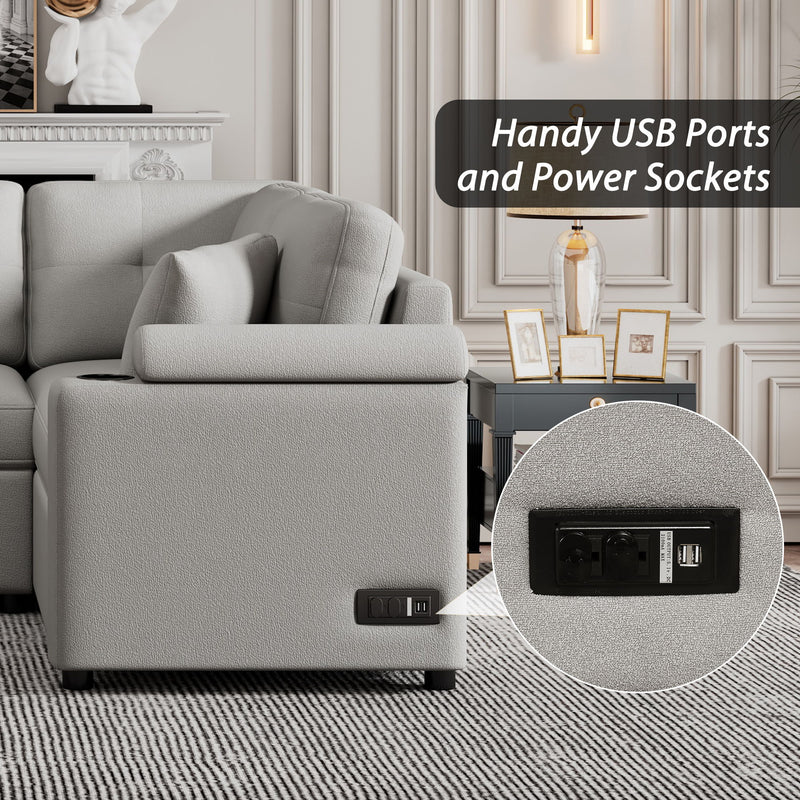 L-Shape Sofa Bed Pull-Out Sleeper Sofa With Wheels, USB Ports, Power Sockets For Living Room