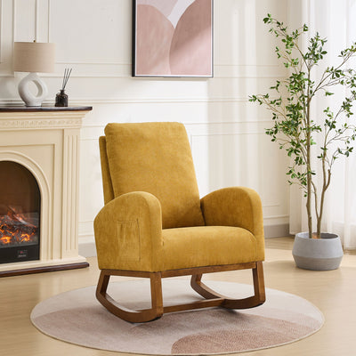 Rocking Chair For Nursery, Polyester Glider Chair With High Back And Side Pocket, Rocking Accent Armchair With Rubber Wood Legs For Living Room / Bedroom