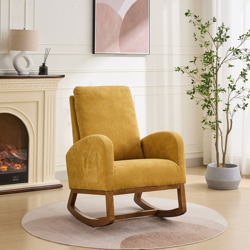 Rocking Chair For Nursery, Polyester Glider Chair With High Back And Side Pocket, Rocking Accent Armchair With Rubber Wood Legs For Living Room / Bedroom