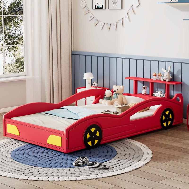 Wooden Race Car Bed, Car Shaped Platform Twin Bed With Wheels For Teens