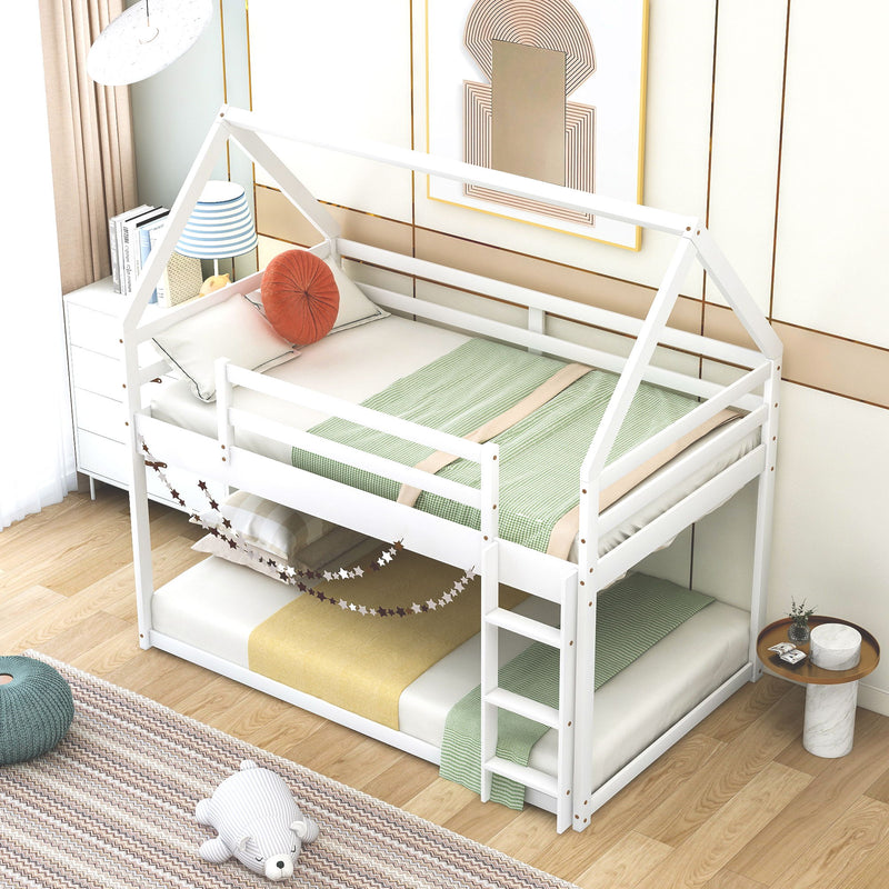 Twin Over Twin Low Bunk Bed, House Bed With Ladder - White