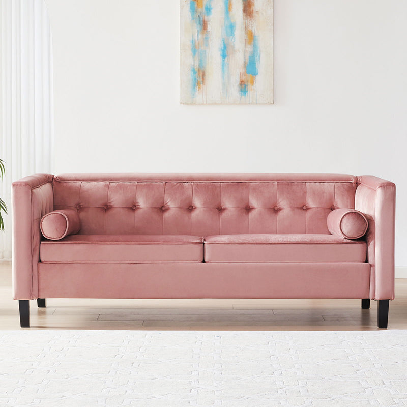 Mid-Century Velvet Sofa, Love Seats Sofa Furniture With Bolster Pillows, Button Tufted Couch For Living Room, Tool - Free Assembly - Pink