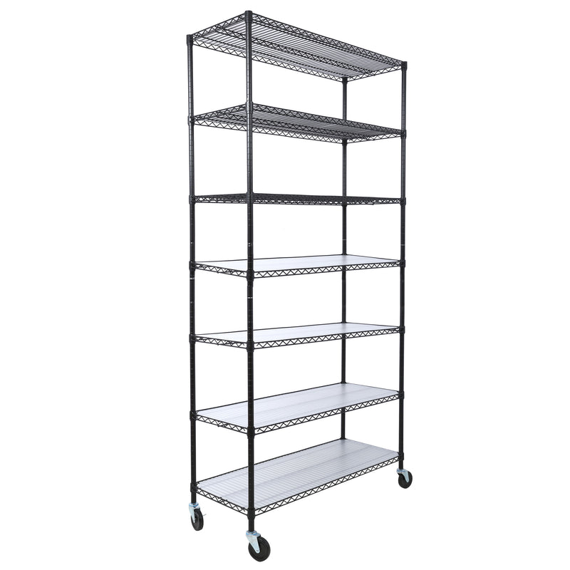 7 Tier Metal Shelf Wire Shelving Unit, 2450Lbs Heavy Duty Adjustable Storage Rack With Wheels & Shelf Liners For Closet Kitchen Garage Basement Commercial Shelving