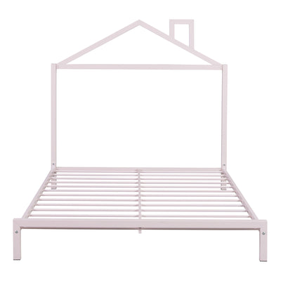 Full Size Metal Platform Bed With House-Shaped Headboard Design