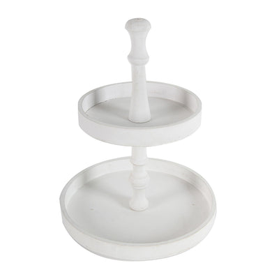 Two Tiered Round Wooden Tray - White