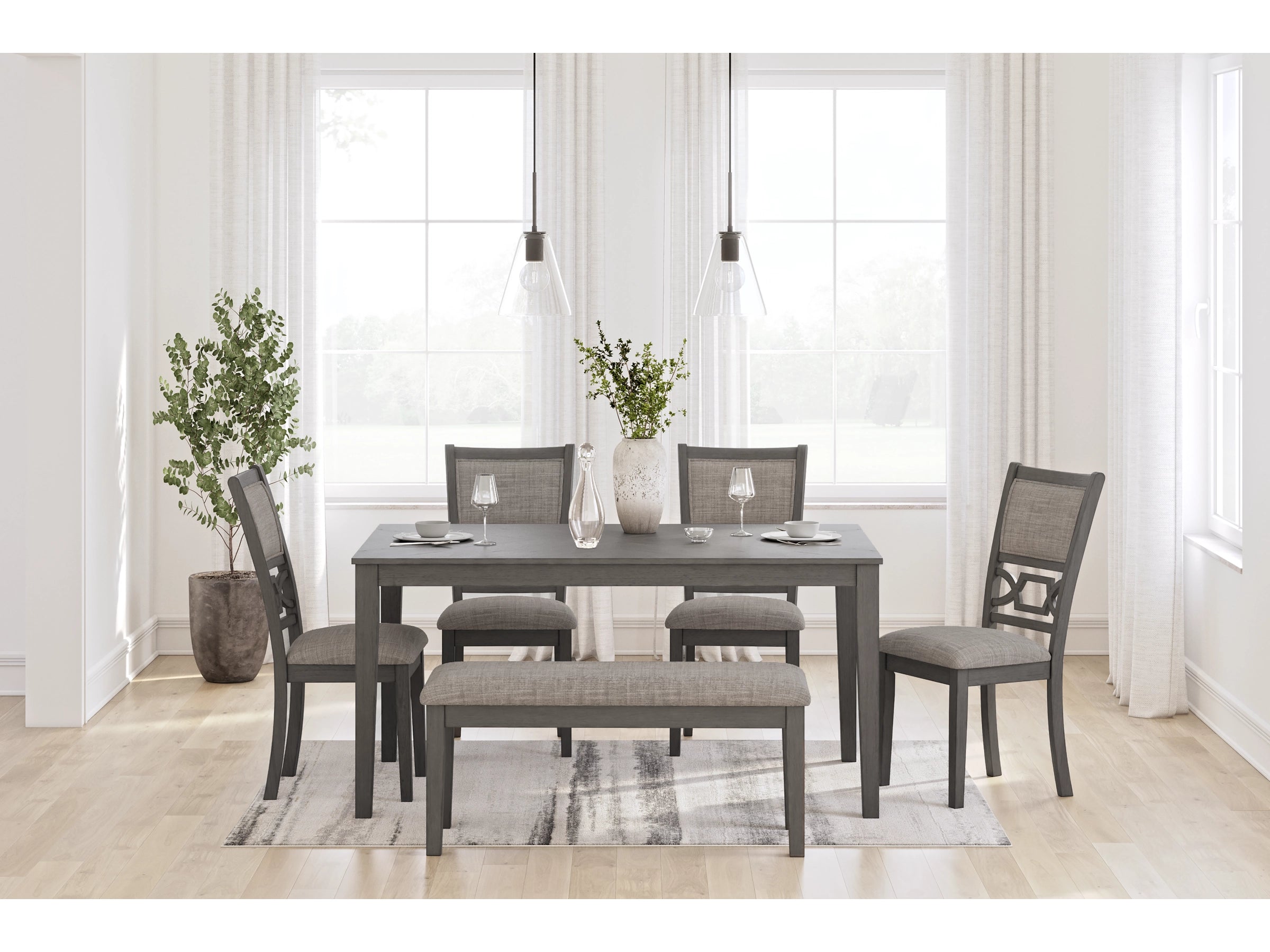 6-Piece Contemporary Gray Dining Set with Upholstered Bench