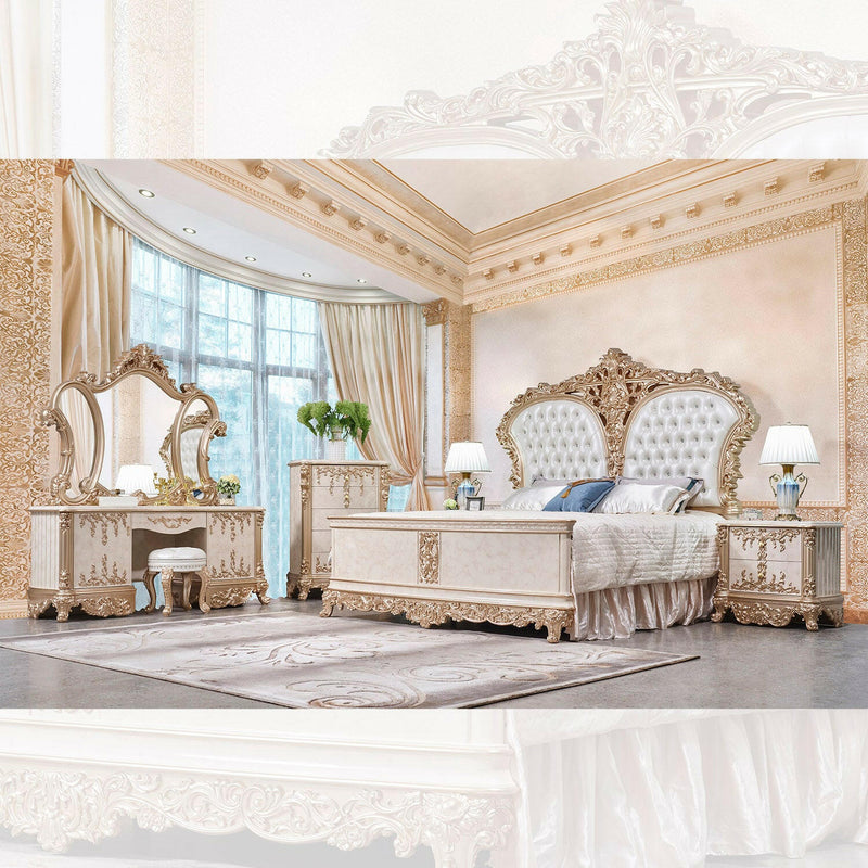 HD-9102 - 5 Pc King Bedroom Set - White Leather & Gold by Homey Design