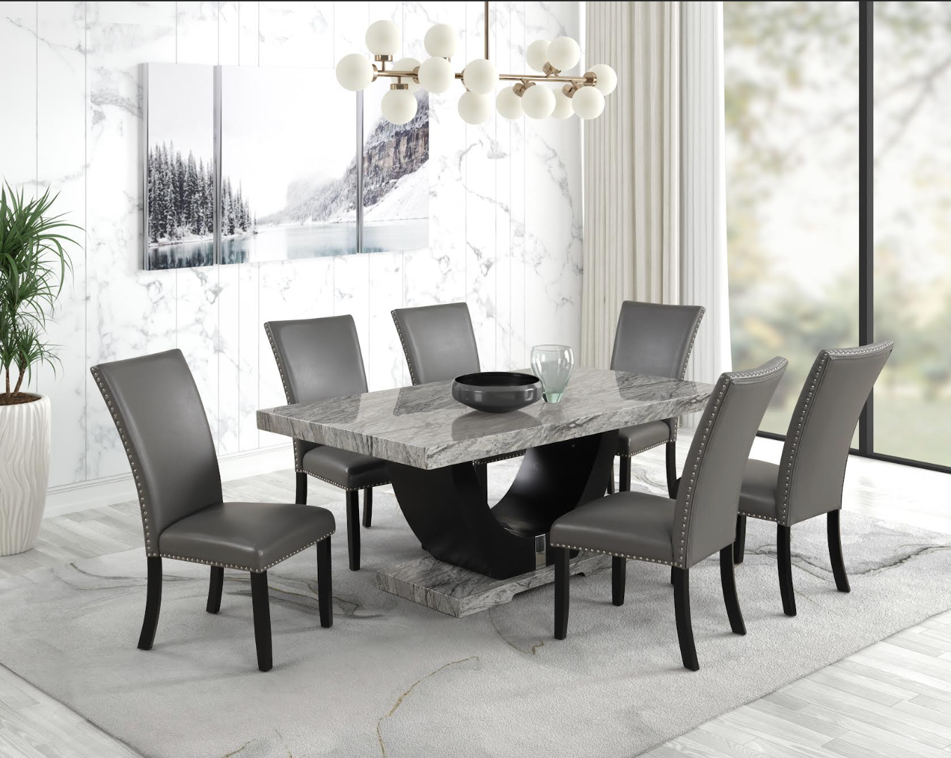 7-Piece Contemporary Faux Marble Dining Set with Pedestal Table