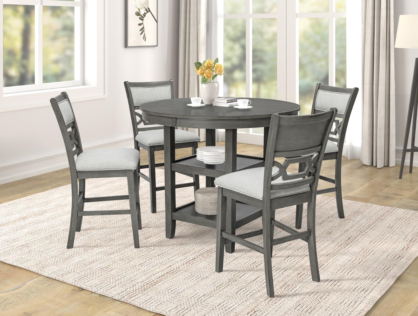 5-Piece Round Counter Height Dining Set with Storage Shelf