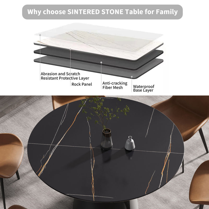 Round Modern Artificial Stone Carbon Steel Base Dining Table, Can Accommodate 6 People - Black