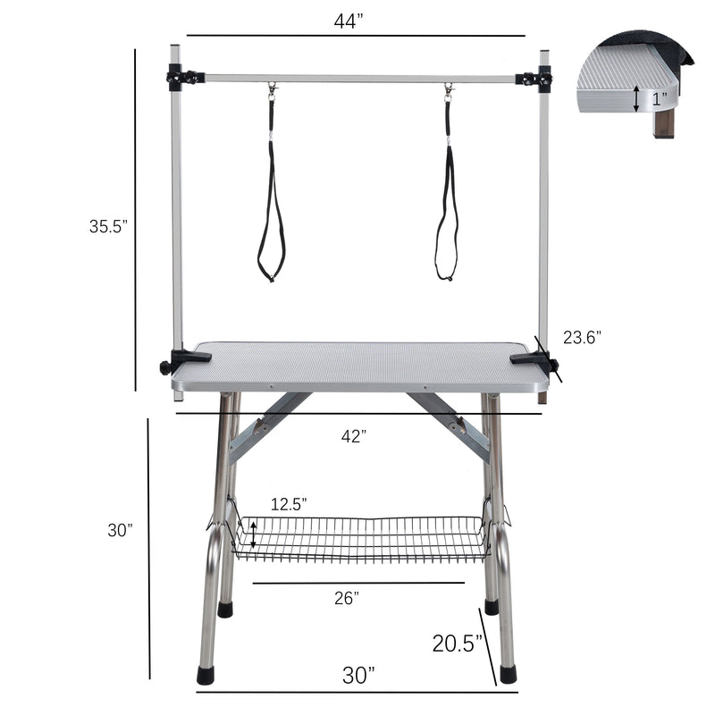 Folding Dog Pet Grooming Table Stainless Steel Frame Rubber Mat On Board With Adjustable Arm And Clamps Pet Dog Cat Grooming Table