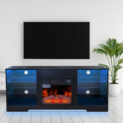 57.8" Fireplace TV Stand With 18" Electric Fireplace Heater, Modern Entertainment Center For TVs Up To 62" With Adjustable Glass Shelves And Storage Cabinets