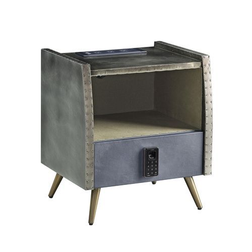 Doris - Nightstand - Gray Top Grain Leather & Aluminum - Grand Furniture GA