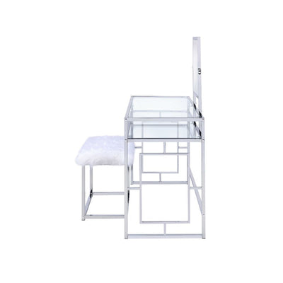 Carenze II - Vanity Desk - White Faux Fur & Chrome