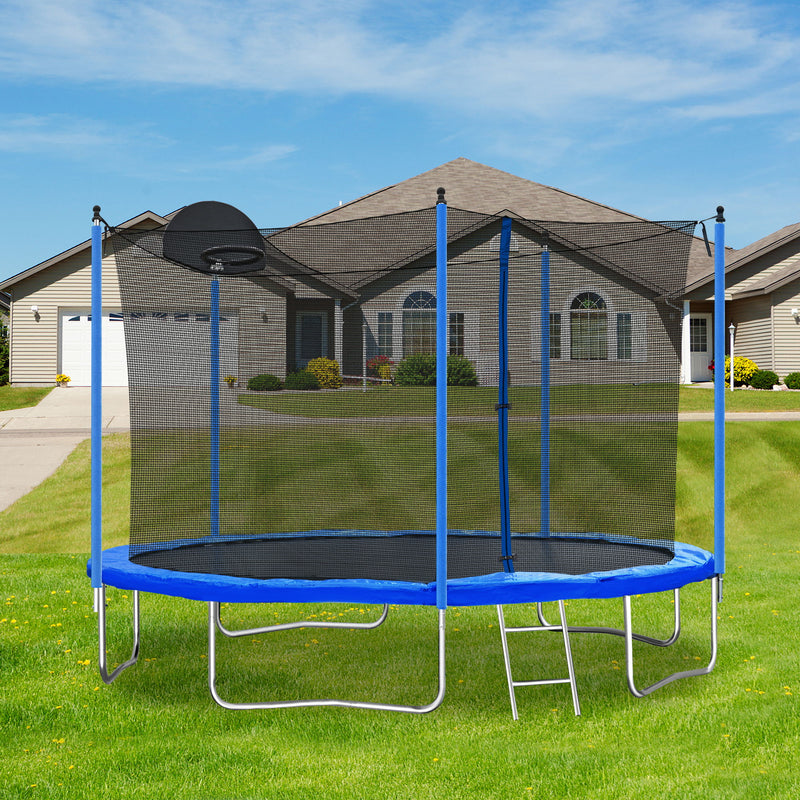 12Ft Trampoline For Adults & Kids With Basketball Hoop, Outdoor Trampolines With Ladder And Safety Enclosure Net For Kids And Adults - Blue