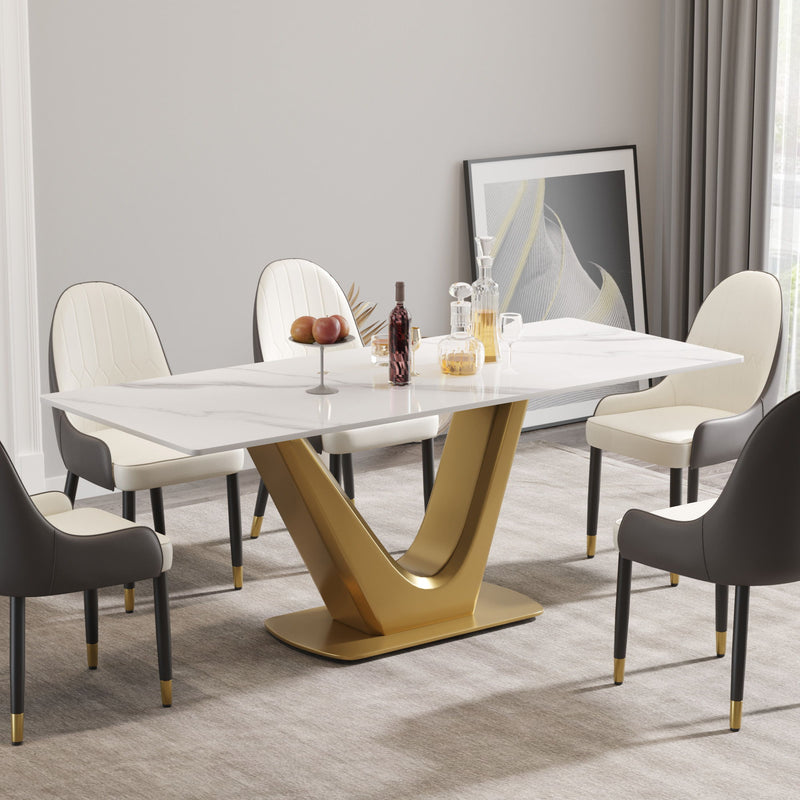 78.74" Modern Artificial Stone Panel Golden V-Shaped Metal Legs, Can Accommodate 8 People - White / Gold