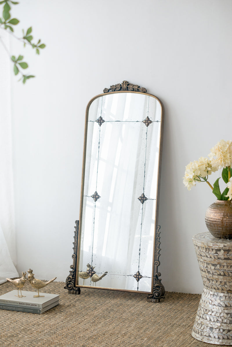 Antique Arched Mirror With Metal Frame, Full Length Mirror For Living Room Bathroom Entryway - Gold