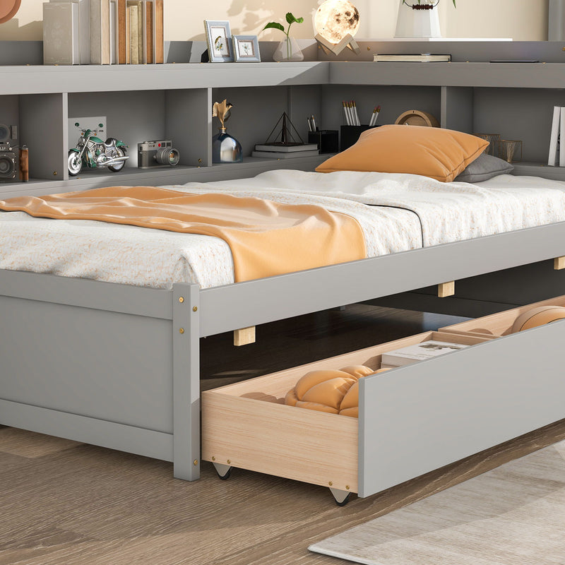 Twin Bed With L-Shaped Bookcases, Drawers