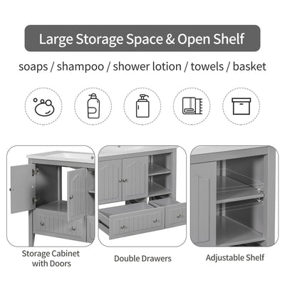 Bathroom Vanity With Ceramic Basin, Bathroom Storage Cabinet With Two Doors And Drawers, Solid Frame, Metal Handles