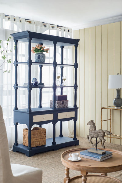 Four Tiered Wooden Shelf With Two Drawers, Farmhouse Wood Bookcase Display Storage Shelf Etageres - Antique Navy Blue