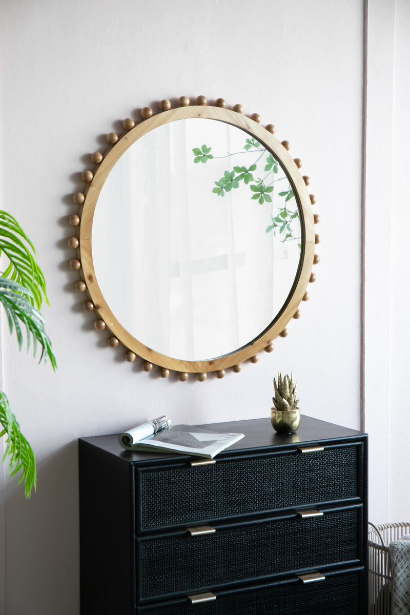 Wood Round Mirror With Beaded Frame, Circle Wall Mirror For Living Room Bedroom Entryway - Brown