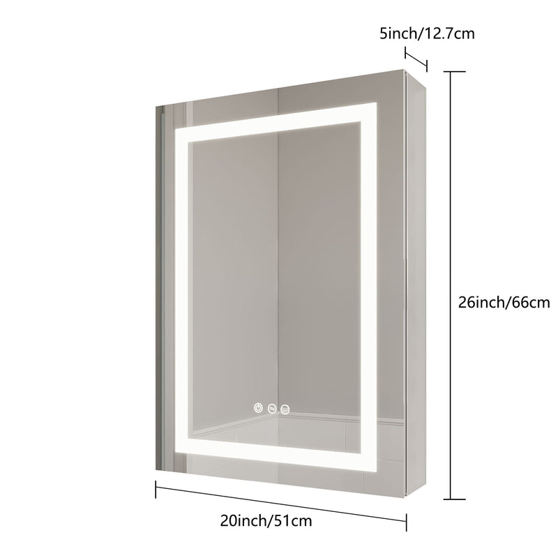 26X20" Bathroom Medicine Cabinet With LED Mirror, Anti-Fog, Waterproof, 3000K~6000K Single Door Lighted Bathroom Cabinet With Touch Swich, Dimmable, Recessed Or Surface Mount (Right Door) - Silver