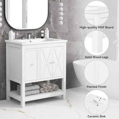 Bathroom Vanity With Sink Top, Bathroom Vanity Cabinet With Two Doors And One Drawer, MDF Boards, Solid Wood, One Package - White