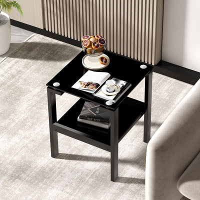 Tempered Glass End Table With 2 Layer, Small Side Table For Living Room