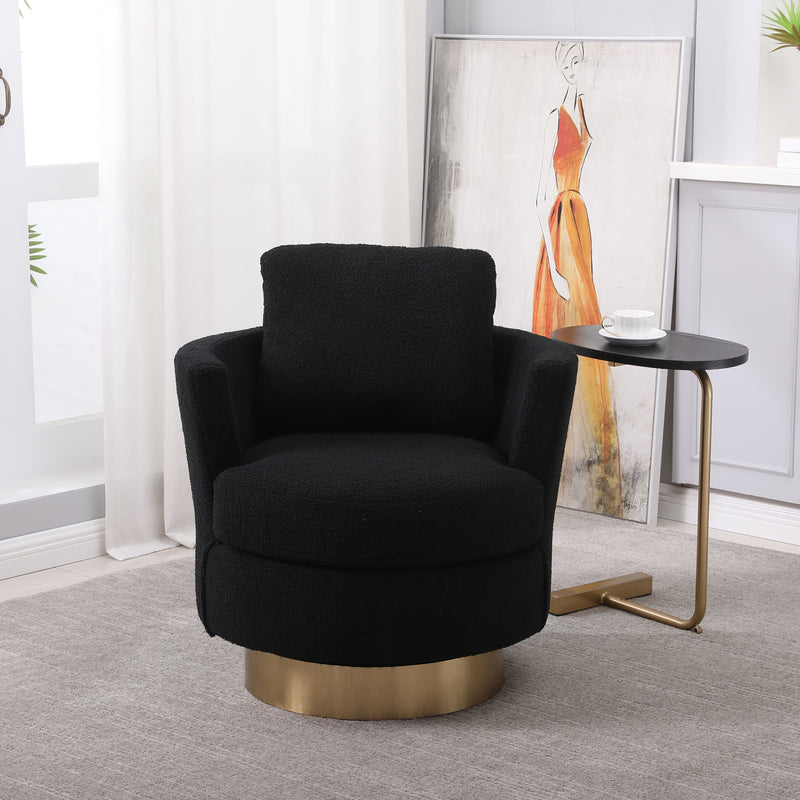 Teddy Swivel Barrel Chair, Swivel Accent Chairs Armchair For Living Room, Reading Chairs For Bedroom Comfy, Round Barrel Chairs With Gold Stainless Steel Base - Black