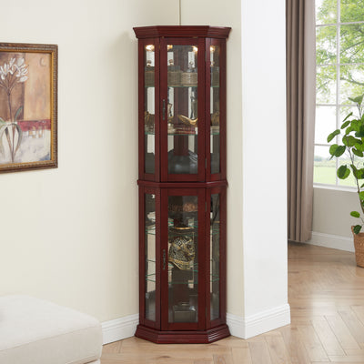 Corner Curio Cabinet With Lights, Adjustable Tempered Glass Shelves, Mirrored Back, Display Cabinet (E26 Light Bulb Not Included)