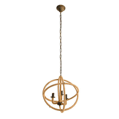 3 Light Farmhouse Chandelier, Rope Chandelier Globe Hanging Light Fixture With With Adjustable Chain For Kitchen Dining Room Foyer Entryway, Bulb Not Included - Beige Brown