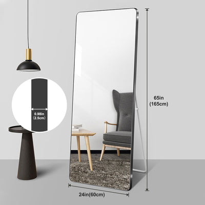 Aluminum Floor Mirror Full Length Mirrors Leaning Rounded Corner Rimless Standing Large Mirror Bedroom - Black / Silver