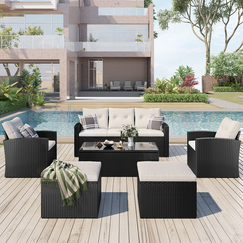 All-Weather Wicker PE Rattan Patio Outdoor Dining Conversation Sectional Set With Coffee Table, Wicker Sofas, Ottomans, Removable Cushions