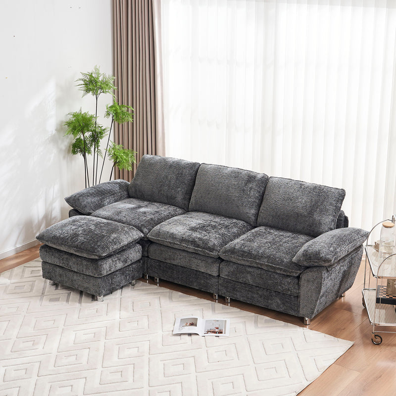 Modern Deep 3-Seat Sofa Couch With Ottoman, Polyester Sofa Sleeper Comfy Upholstered Furniture For Living Room, Apartment, Studio, Office